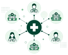 Illustration showing how OMC Health platform is connected to Gps, Clinics and Practices.